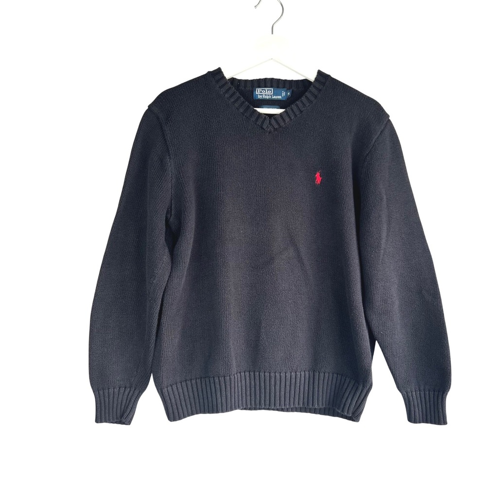 Polo Ralph Lauren Navy Blue V-Neck Cotton Sweater Red Womens Medium